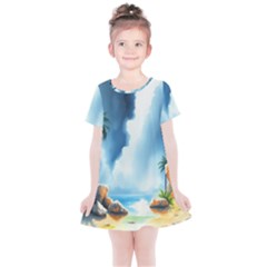 Delicate Watercolor Painting Surreal Oasis Scene With Intense Dramatic Lighting Kids  Simple Cotton Dress by pollyparadiseartshop