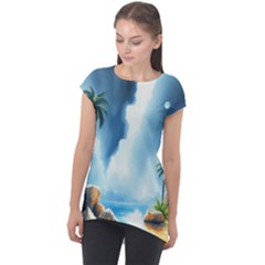 Delicate Watercolor Painting Surreal Oasis Scene With Intense Dramatic Lighting Cap Sleeve High Low Top by pollyparadiseartshop