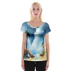 Delicate Watercolor Painting Surreal Oasis Scene With Intense Dramatic Lighting Cap Sleeve Top by pollyparadiseartshop