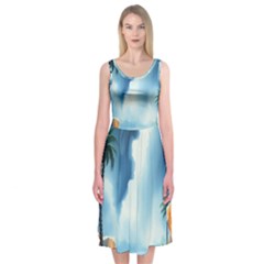 Delicate Watercolor Painting Surreal Oasis Scene With Intense Dramatic Lighting Midi Sleeveless Dress by pollyparadiseartshop