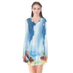 Delicate Watercolor Painting Surreal Oasis Scene With Intense Dramatic Lighting Long Sleeve V-neck Flare Dress by pollyparadiseartshop