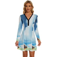 Delicate Watercolor Painting Surreal Oasis Scene With Intense Dramatic Lighting Long Sleeve Deep V Mini Dress  by pollyparadiseartshop