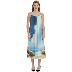 Delicate Watercolor Painting Surreal Oasis Scene With Intense Dramatic Lighting Casual Spaghetti Strap Midi Dress by pollyparadiseartshop