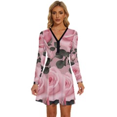 Pink Roses Long Sleeve Deep V Mini Dress  by pollyparadiseartshop