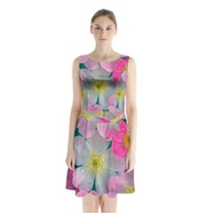 Pink Neon Flowers Flower Sleeveless Waist Tie Chiffon Dress by Cemarart