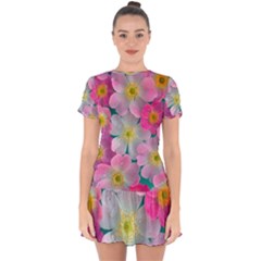 Pink Neon Flowers Flower Drop Hem Mini Chiffon Dress by Cemarart