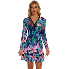 Hawaiian Flowers Hawaii Long Sleeve Deep V Mini Dress  by Cemarart