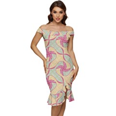 Abstract Pattern Design Scrapbooking Off Shoulder Ruffle Split Hem Bodycon Dress by Paksenen