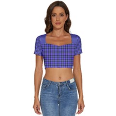 Blue Tartan Plaid 1 Short Sleeve Square Neckline Crop Top  by dressshop