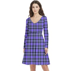 Blue Tartan Plaid 1 Long Sleeve V-neck Skater Dress With Pockets by dressshop