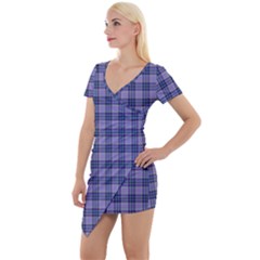 Purple Plaid Tartan 1 Short Sleeve Asymmetric Mini Dress by dressshop