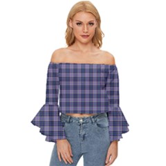 Purple Plaid Tartan 1 Off Shoulder Flutter Bell Sleeve Top by dressshop