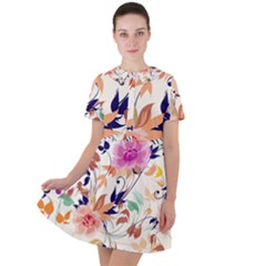 Abstract Floral Background Short Sleeve Shoulder Cut Out Dress 