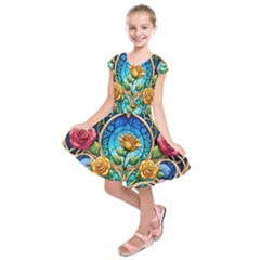 Roses Floral Stained Glass Vibrant Kids  Short Sleeve Dress by Grandong