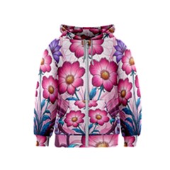 Fantasy Pink Flowers Stained Glass Kids  Zipper Hoodie by Grandong