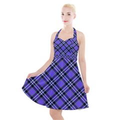 Blue Tartan Plaid 1 Diagonal Halter Party Swing Dress  by dressshop