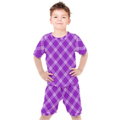 Purple Plaid Tartan 3 Diagonal (2) Kids  T-shirt And Shorts Set by dressshop