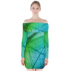 Texture Green Leaf Abstraction 3d Long Sleeve Off Shoulder Dress by Salmanaz77