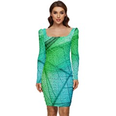 Texture Green Leaf Abstraction 3d Women Long Sleeve Ruched Stretch Jersey Dress by Salmanaz77