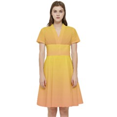 Electric Yellow To Coral Pink Linear Gradient Short Sleeve Waist Detail Dress by GradientsOmbre