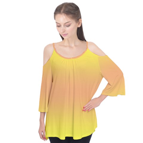 Electric Yellow To Coral Pink Bilinear Gradient Flutter Sleeve T-shirt by GradientsOmbre