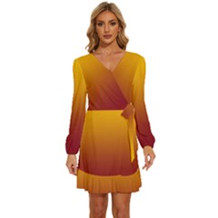 Amber Orange To Burgundy Red Linear Gradient Long Sleeve Waist Tie Ruffle Velvet Dress by GradientsOmbre