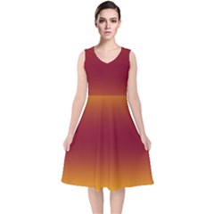 Amber Orange To Burgundy Red Bilinear Gradient V-neck Midi Sleeveless Dress  by GradientsOmbre