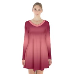 Burgundy Red To Coral Pink Bilinear Gradient Long Sleeve Velvet V-neck Dress by GradientsOmbre