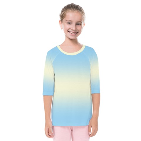 Baby Blue To Cream Yellow Bilinear Gradient Kids  Quarter Sleeve Raglan T-shirt by GradientsOmbre