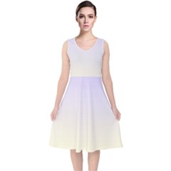 Pale Violet To Cream Yellow Linear Gradient V-neck Midi Sleeveless Dress  by GradientsOmbre