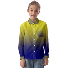 Electric Yellow To Navy Blue Linear Gradient Kids  Long Sleeve Shirt by GradientsOmbre