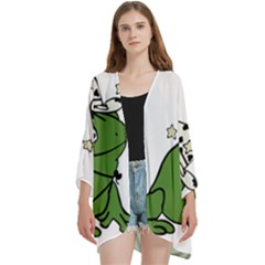 Frog With A Cowboy Hat Open Front 3/4 Sleeve Batwing Chiffon Cardigan Kimono by Teevova