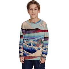 Wave Japanese Mount Fuji Ocean Kids  Crewneck Sweatshirt by Bedest