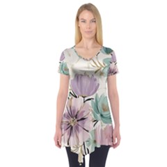 Flowers Pattern Floral Short Sleeve Tunic  by Sabxi