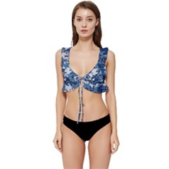 Blue, Camouflage, Cool, Navy, New, Pattern Low Cut Ruffle Edge Bikini Top