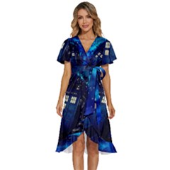 Tardis Doctor Who Space Galaxy Women s Kimono Wrap Satin Dress by Cemarart