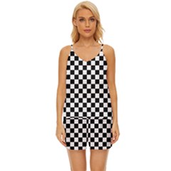 Pattern Checkered Squares Black White Pattern V-neck Satin Pajamas Set by Sabxi