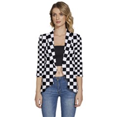 Pattern Checkered Squares Black White Pattern Women s 3/4 Sleeve Ruffle Edge Open Front Jacket by Sabxi