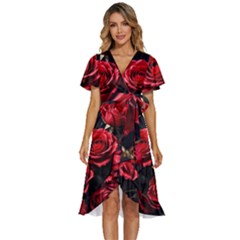 Red Roses Women s Kimono Wrap Satin Dress by Sabxi