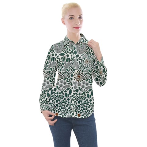 Retro Scandinavian Nordic Flowers Pattern 5 Women s Long Sleeve Pocket Shirt by violetheavensky