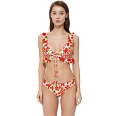 Mid Century Retro Floral 1970s 1960s Pattern 92 Low Cut Ruffle Edge Bikini Set