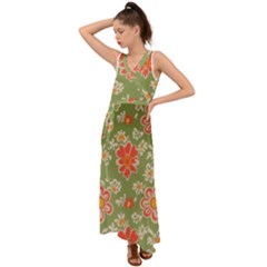 Retro 40s 50s Mexico Flowers Pattern 3 V-neck Chiffon Maxi Dress by violetheavensky