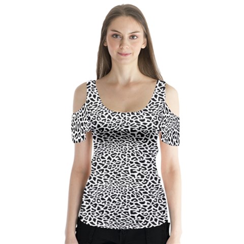 Black White Leopard Butterfly Sleeve Cutout T-shirt  by DinkovaArt