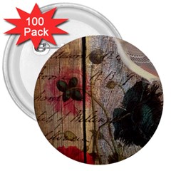 Vintage Bird Poppy Flower Botanical Art 3  Button (100 Pack) by chicelegantboutique