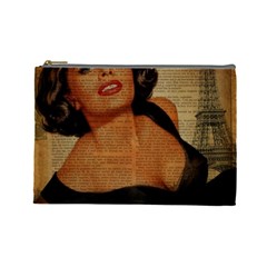 Vintage Newspaper Print Pin Up Girl Paris Eiffel Tower Cosmetic Bag (large) by chicelegantboutique