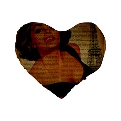 Vintage Newspaper Print Pin Up Girl Paris Eiffel Tower 16  Premium Heart Shape Cushion  by chicelegantboutique