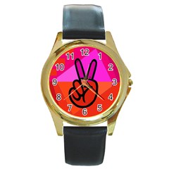 Love Peace Round Leather Watch (gold Rim)  by Contest1720187