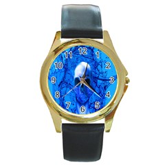 Alien Blue Round Leather Watch (gold Rim)  by icarusismartdesigns