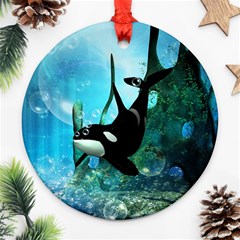 Orca Swimming In A Fantasy World Ornament (round)  by FantasyWorld7