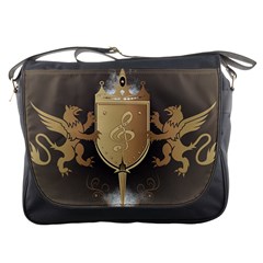 Music, Clef On A Shield With Liions And Water Splash Messenger Bags by FantasyWorld7